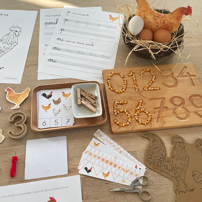 Cahier d'activités Montessori sur le thème de la poule pour les enfants de 3 à 7 ans